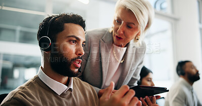 Buy stock photo Call center, coaching and business people in office, help desk and contact us with corporate training. Employees, questions and consultant with tablet, friendly service and intern with mentor or talk