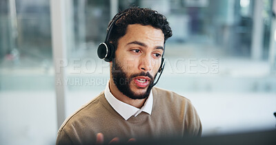 Buy stock photo Computer, explain and headset with man in call center for assistance, support or virtual help. Communication, contact us and problem solving with agent in office for customer service or solution