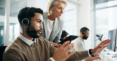 Buy stock photo Call center, mentor and business people in office, help desk or contact us with corporate training. Employees, coaching or consultant in workplace with tech, friendly service or intern with questions