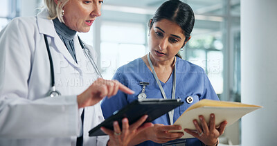 Buy stock photo Doctor, mentor and tablet with people in hospital for discussion, healthcare report and teamwork. Medical review, digital patient files and collaboration with women in clinic for research and nurse