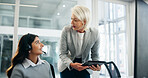 Call center, mentor and women in workplace, tablet and feedback with corporate training. Employees, coaching and consultant with questions, friendly service and intern with help desk, app and advice