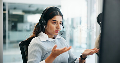Buy stock photo Computer, explain and headset with woman in call center for assistance, feedback or virtual help. Contact us, problem solving and question with agent in office for customer service or support