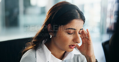 Buy stock photo Headache, stress and tired with business woman in office for deadline pressure, crisis and tension. Fatigue, mental health and error with person in agency for migraine, mistake and burnout risk