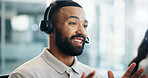 Contact us, explain and support with man in call center for advice, assistance or solution. Communication, coworking and headset with happy agent in office for customer service or problem solving