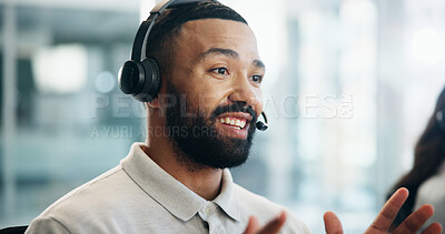 Buy stock photo Contact us, explain and support with man in call center for advice, assistance or solution. Communication, coworking and headset with happy agent in office for customer service or problem solving