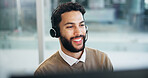 Computer, headset and smile with man in call center for assistance, feedback or virtual help. Contact us, problem solving and support with happy agent in office for customer service or solution