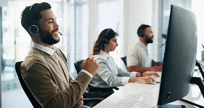 Buy stock photo Computer, smile and support with man in call center for assistance, conversation or solution. Contact us, coworking and headset with happy agent in office for customer service or problem solving