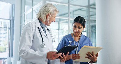 Buy stock photo Doctor, teamwork and tablet with people in hospital for discussion, healthcare report and mentor. Medical review, digital patient files and collaboration with women in clinic for research and nurse