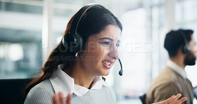 Buy stock photo Frustrated, call center and woman in office, help desk and communication with customer service. Person, employee and consultant in workplace, headset and upset with online advice and contact us