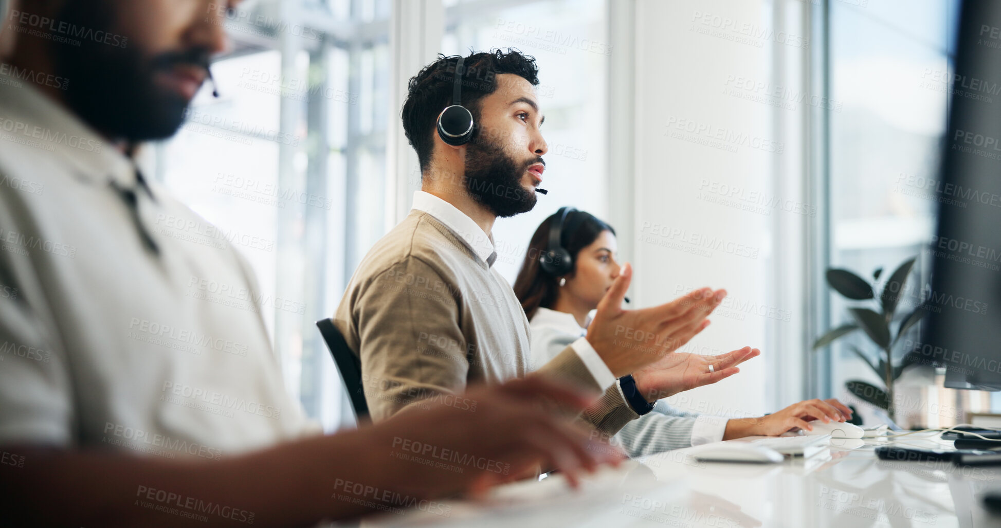 Buy stock photo Call centre, help desk and business people in office, advice and feedback with customer service. Employees, contact us and consultant in workplace, conversation and operator with communication or crm