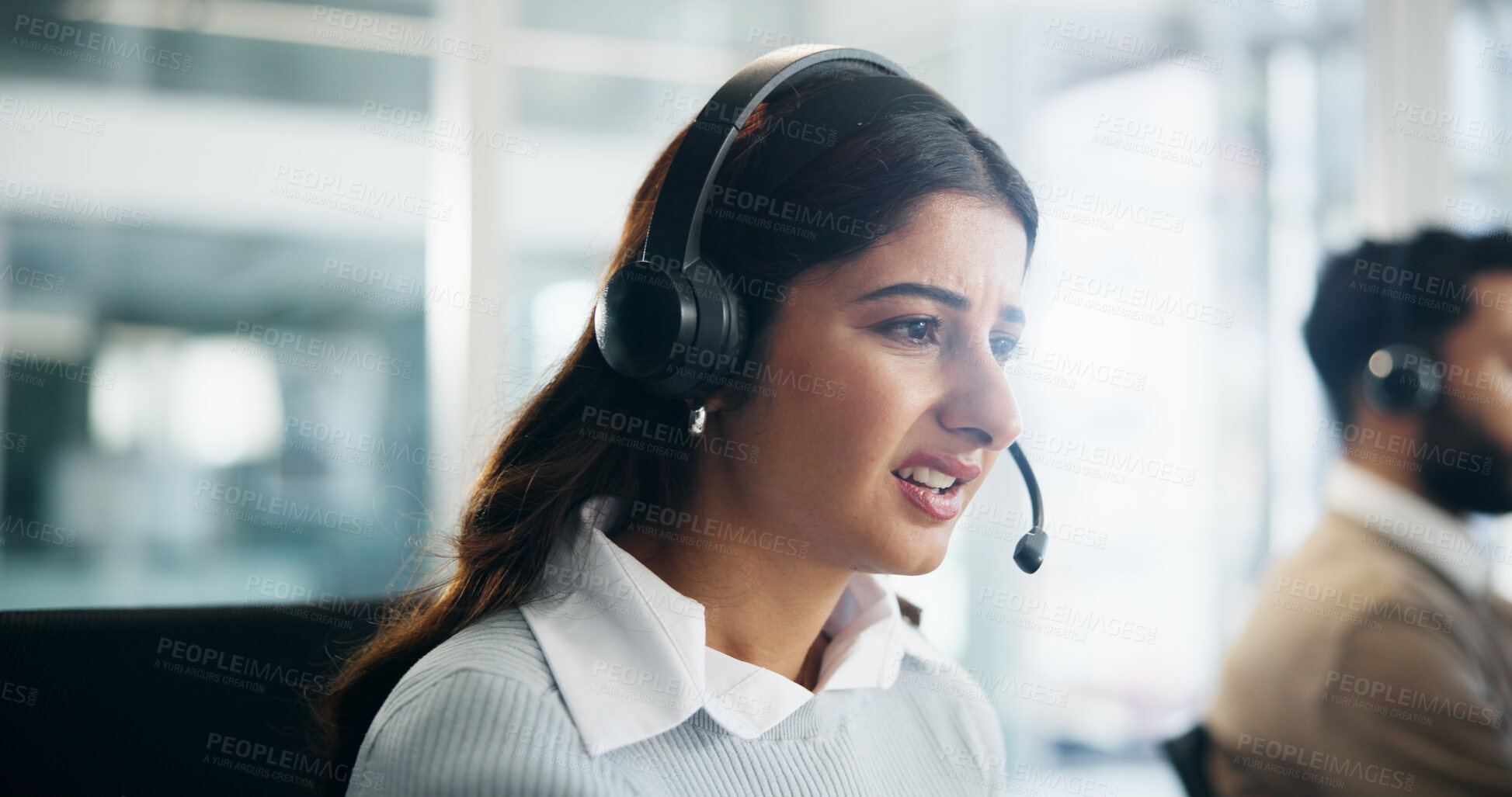 Buy stock photo Call center, frustrated agent and woman with stress for overdue payment, credit mistake and angry. Headset, unhappy consultant and confused for financial difficulty, loan error or debt collection