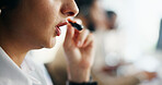 Mouth, talking and woman in call center for technical support, IT solution or coworking. Mic, lips and multilingual operator speaking for virtual troubleshooting, software or customer service