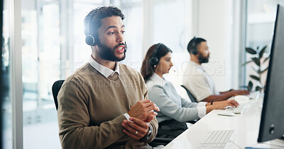 Buy stock photo Computer, contact us and support with man in call center for advice, assistance or solution. Communication, coworking and headset with agent in office for customer service or online problem solving