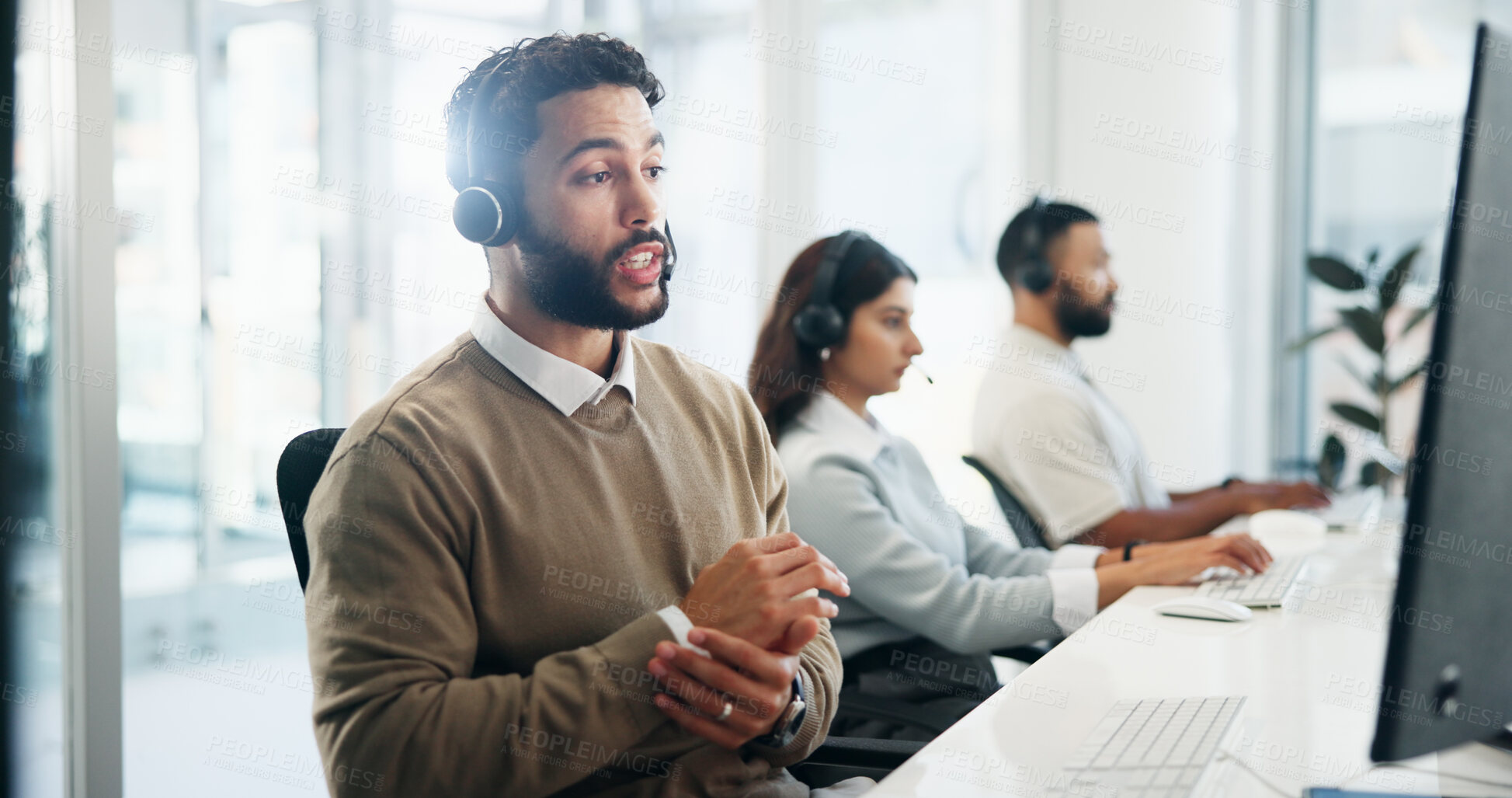 Buy stock photo Computer, contact us and support with man in call center for advice, assistance or solution. Communication, coworking and headset with agent in office for customer service or online problem solving