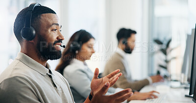 Buy stock photo Computer, consulting and support with man in call center for advice, assistance or solution. Contact us, coworking and headset with agent in office for customer service or online problem solving