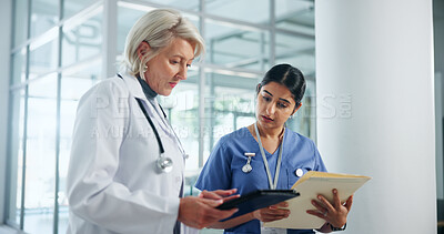 Buy stock photo Healthcare, teamwork and tablet with people in hospital for discussion, doctor report and mentor. Medical review, digital patient files and collaboration with women in clinic for research and nurse