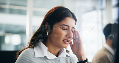 Buy stock photo Burnout, headache and stress with woman in call center for help or solution as virtual assistant. Anxiety, migraine and pain with agent in office for customer service, problem solving or support