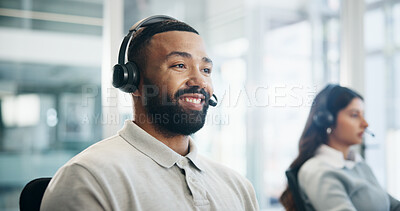 Buy stock photo Consulting, headset and support with man in call center for advice, assistance or solution. Communication, coworking and smile with agent in office for customer service or online problem solving