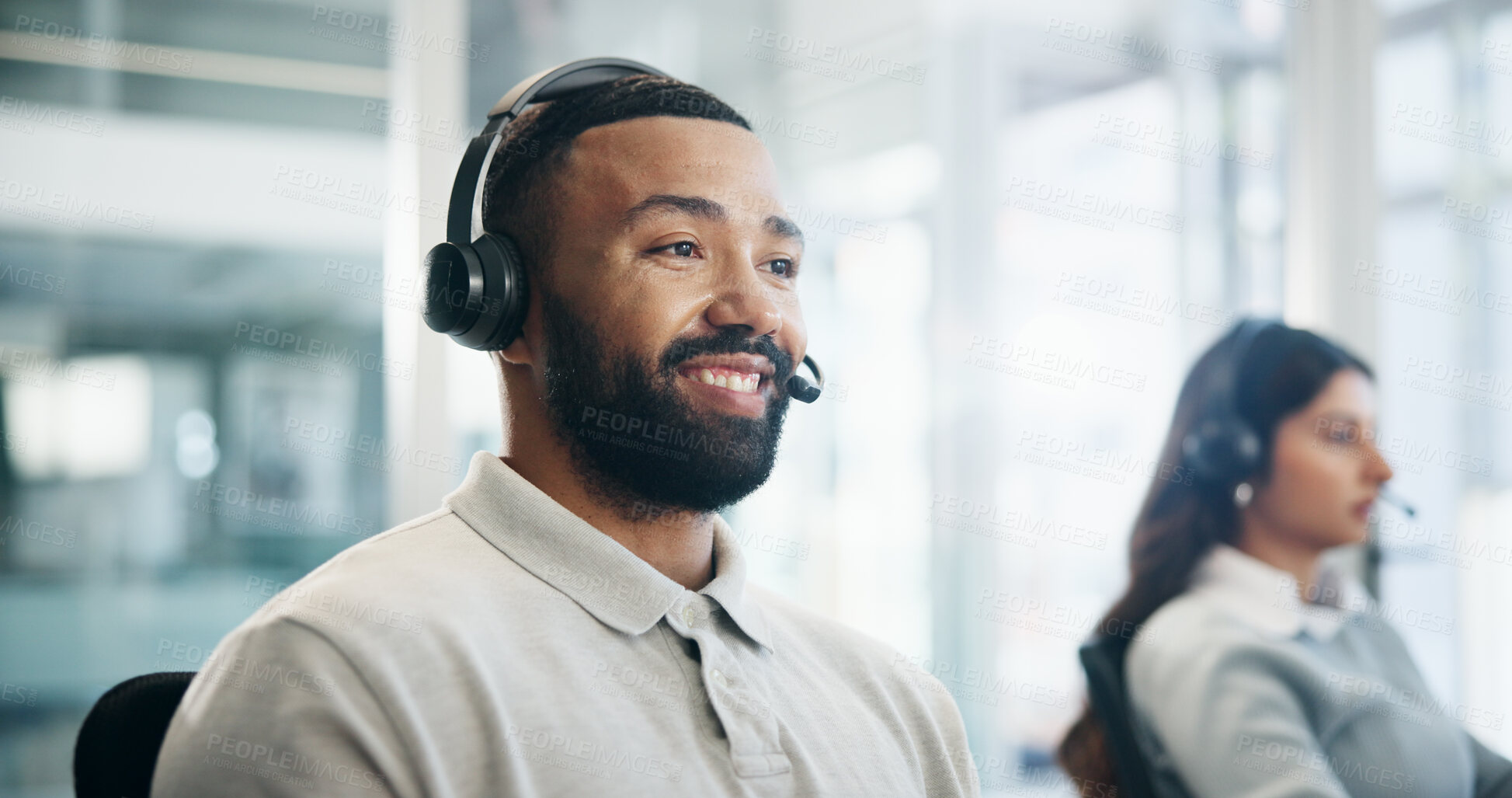 Buy stock photo Consulting, headset and support with man in call center for advice, assistance or solution. Communication, coworking and smile with agent in office for customer service or online problem solving