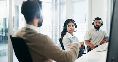 Buy stock photo Contact center, woman and training group for help with call monitoring specialist. Intern, team and coaching for customer support, service and CRM compliance with question for quality assurance