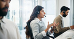 Call centre, help desk and business people in workplace, advice and feedback with customer service. Employees, contact us and consultant with conversation, headset and operator with communication