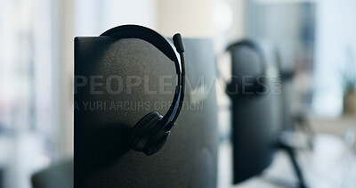 Buy stock photo Empty, headset and computer in office at call center for contact us, customer service and consulting. Equipment, desktop and monitor for virtual assistance, tech support and crm at insurance agency