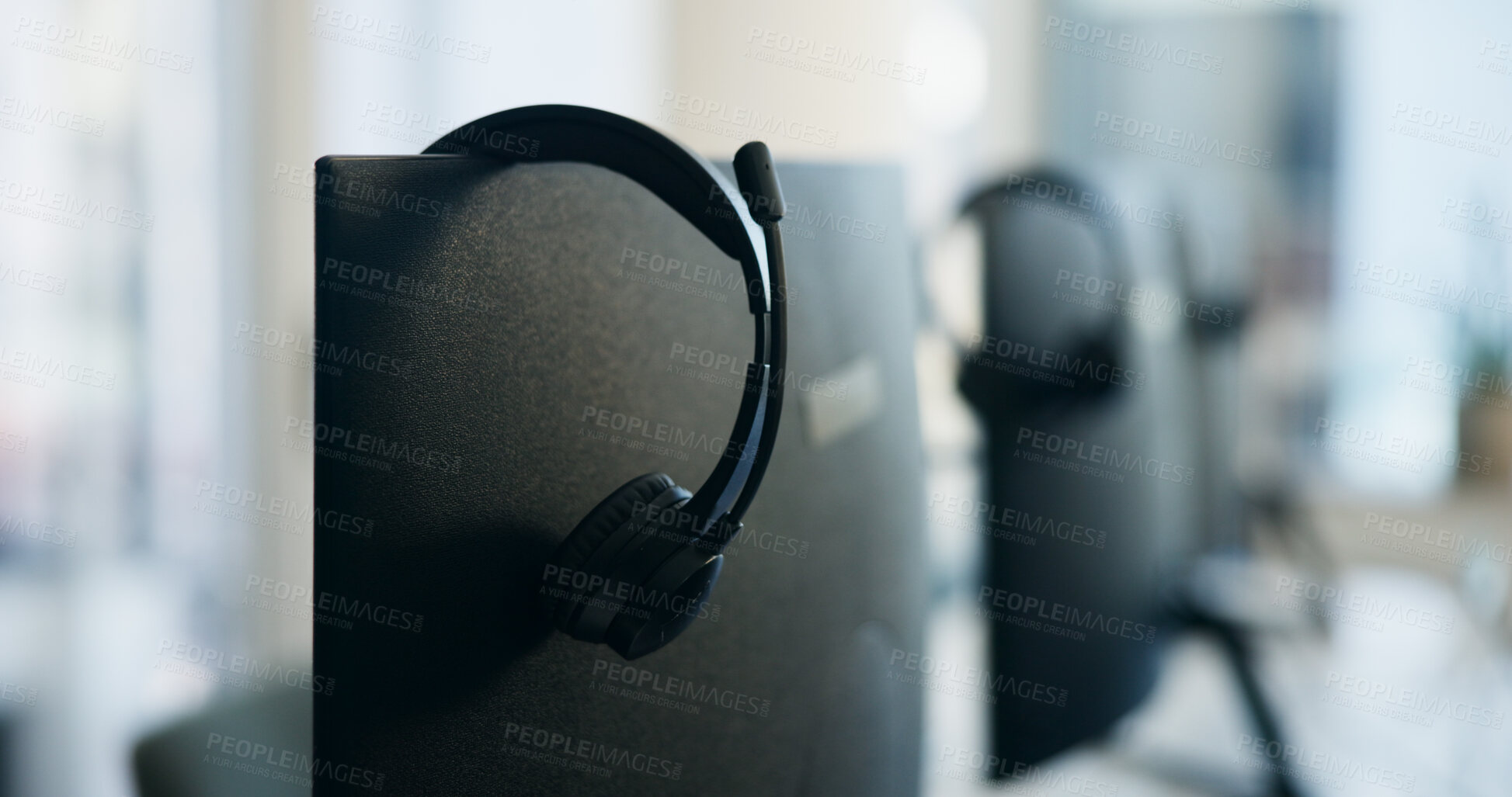 Buy stock photo Empty, headset and computer in office at call center for contact us, customer service and consulting. Equipment, desktop and monitor for virtual assistance, tech support and crm at insurance agency