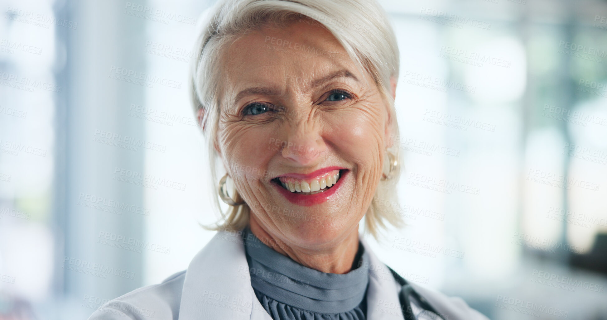 Buy stock photo Doctor, woman and portrait with smile at hospital for career, pride and services at healthcare center. Mature person, medical professional and happy with job, wellness and face at clinic in Germany