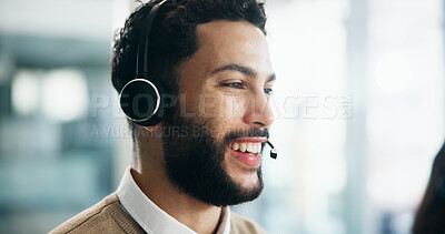 Buy stock photo Smile, thinking and man in call center for telemarketing, profile and positive customer interaction. Headset, problem solving and face of consultant for outbound, closing sale and lead generation