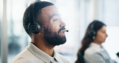 Buy stock photo Contact us, headset and support with man in call center for advice, assistance or solution. Communication, conversation and coworking with agent in office for customer service or problem solving