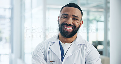 Buy stock photo Happy man, doctor and pride in healthcare profession with help, advice and expert at hospital. Confidence, about us and male physician for medical care, health and wellness with smile at clinic