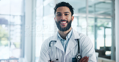 Buy stock photo Portrait, smile and man in clinic, arms crossed and confidence with career ambition. Person, medical service and professional in hospital, pride and healthcare with expert, cardiology and happiness