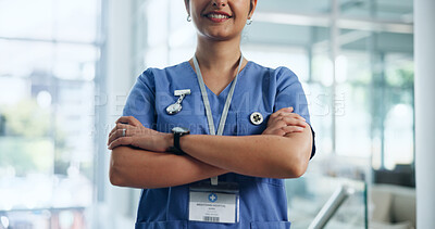 Buy stock photo Arms crossed, nurse and woman with pride in healthcare profession for help, advice and expert at hospital. Confidence, about us and female worker for medical care, health and wellness with smile