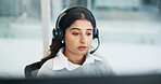 Computer, contact us and headset with woman in call center for assistance, feedback or virtual help. Communication, problem solving and solution with agent in office for customer service or support