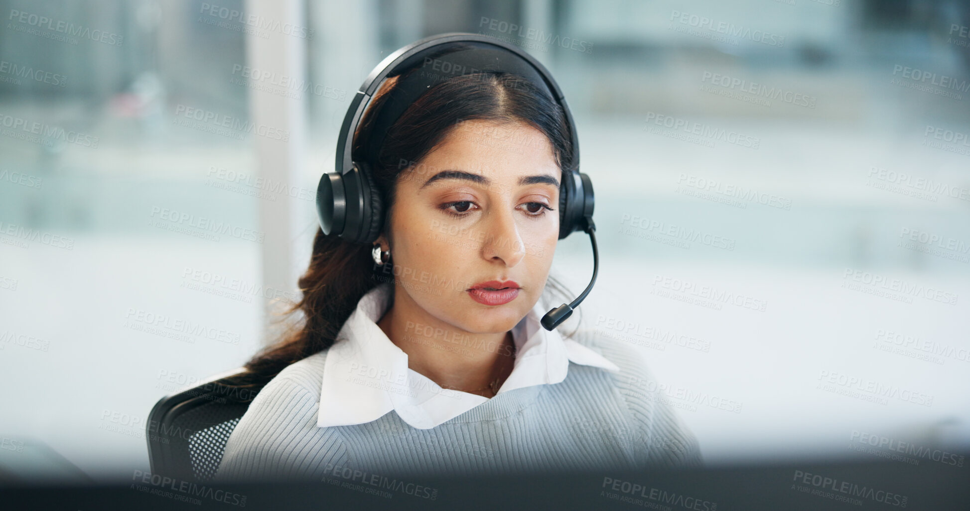 Buy stock photo Computer, contact us and headset with woman in call center for assistance, feedback or virtual help. Communication, problem solving and solution with agent in office for customer service or support