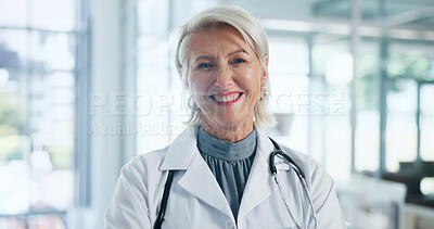 Buy stock photo Portrait, doctor and woman in hospital, smile and career ambition with specialist. Mature person, medical service and professional in clinic, confidence and pride with healthcare and happiness
