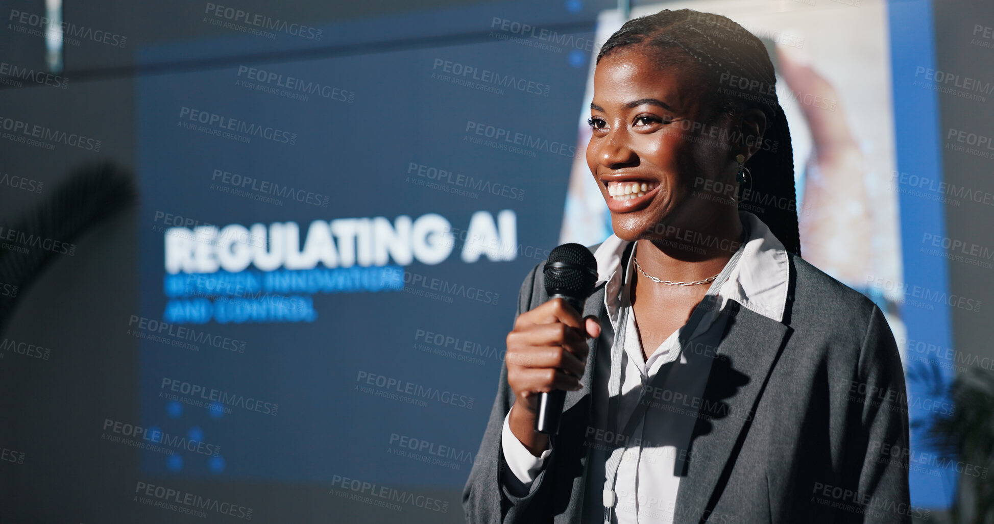 Buy stock photo Black woman, presentation and screen at AI convention, info and regulation policy for accountability. Person, speaker and mic with talk for ethics, innovation and futuristic tech at global conference
