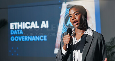 Buy stock photo Podium, presentation and speech with business black woman in auditorium for ethical AI conference. Forum, microphone and stage with African speaker in convention center for privacy of information