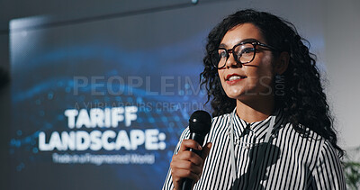Buy stock photo Microphone, seminar and speech with business woman in auditorium for presentation in tariff landscape. Development, symposium and workshop with guest speaker on podium or stage for tax conference