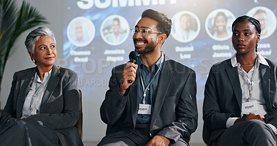 Buy stock photo Presentation, speaker and panel of people on a stage for discussion, seminar FAQ and conference. Business summit, entrepreneurship expo and man with women with mic for tradeshow, event and convention