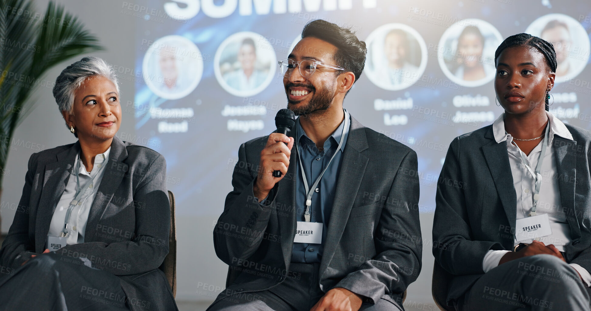 Buy stock photo Presentation, speaker and panel of people on a stage for discussion, seminar FAQ and conference. Business summit, entrepreneurship expo and man with women with mic for tradeshow, event and convention