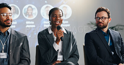 Buy stock photo Summit, speaker and woman with mic, discussion and proud for speech in meeting and training session. Seminar, public speaking and guest with motivation for business people, confident and presentation