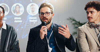 Buy stock photo Conference, speaker panel and man on stage for discussion, seminar FAQ and presentation. Business summit, innovation expo and people with speech for tradeshow, event and entrepreneur convention