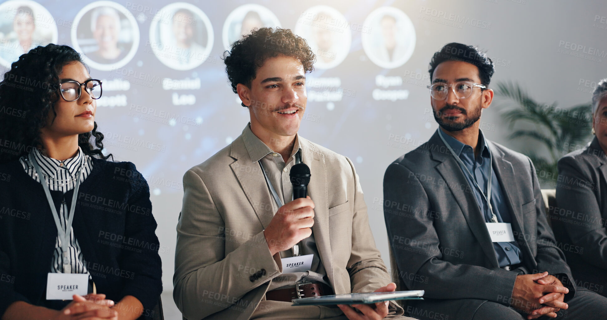 Buy stock photo Conference, speaker and panel of people on a stage for discussion, seminar faq and presentation. Business summit, entrepreneurship expo and men with women with mic for tradeshow, event and convention