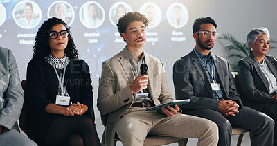 Buy stock photo Conference, tablet and panel of people on a stage for discussion, seminar faq and presentation. Business summit, innovation expo and men with women with tech for tradeshow, event and convention