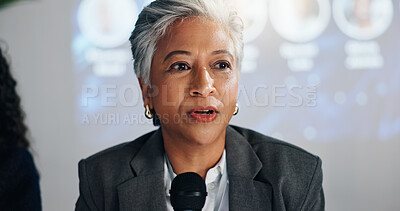 Buy stock photo Conference, presentation and business woman with microphone for development, seminar or forum. Convention, speech and workshop with mature motivational speaker with coaching, lecture and auditorium