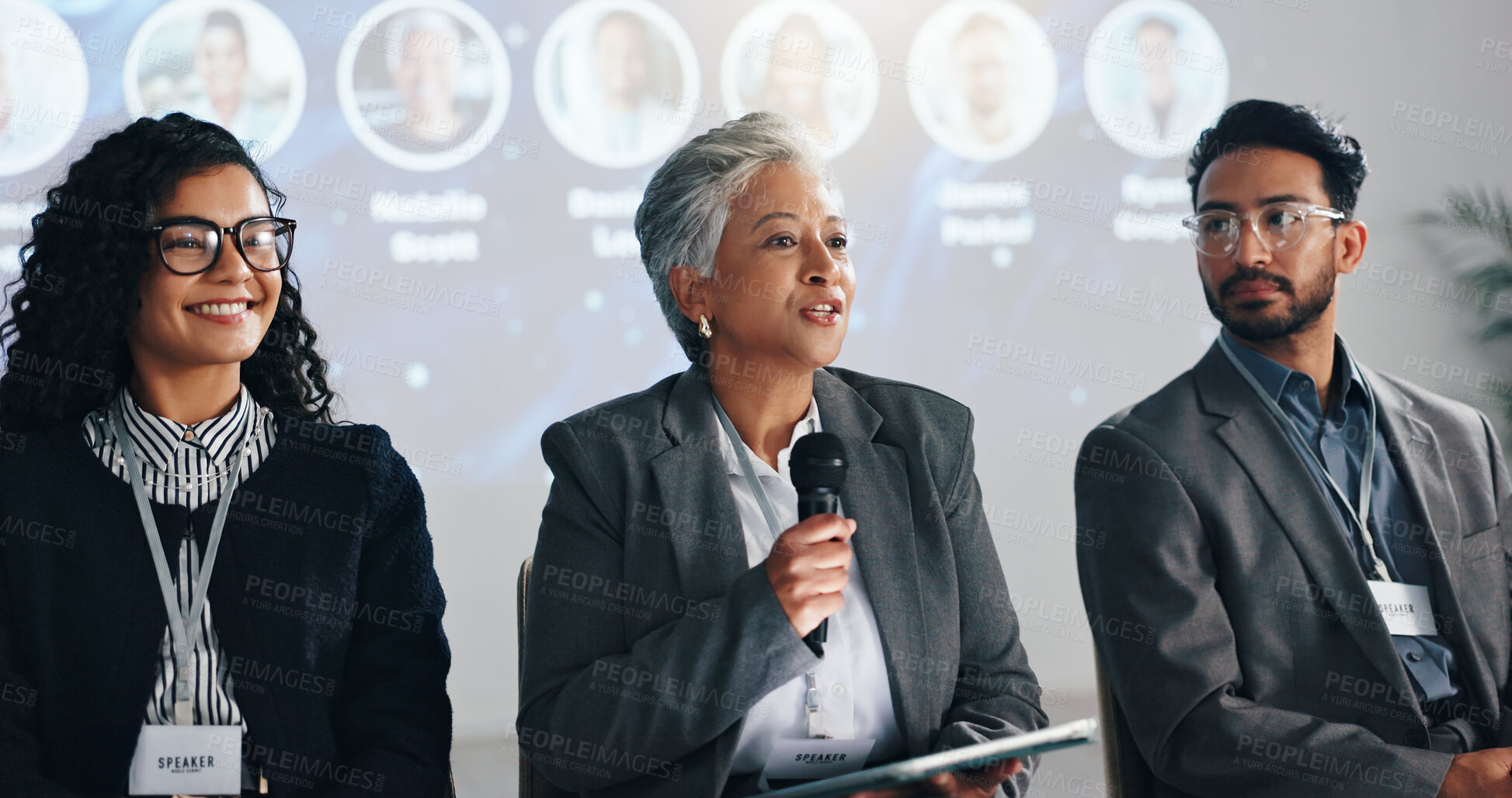 Buy stock photo Conference, presentation and mature woman with microphone for development, seminar or forum. Convention, speech and workshop with business motivational speaker with coaching, lecture and auditorium