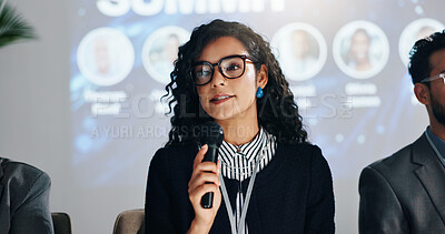 Buy stock photo Summit, speaker and woman with mic, speech and proud for discussion in meeting and training session. Seminar, public speaking and guest with motivation for business people, confident and presentation