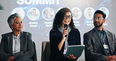 Buy stock photo Stage, public speaking and woman with mic, tablet and smile for training session, group and seminar. Presentation, happy and speaker with motivation for entrepreneurship, people and tech for speech