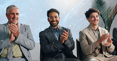 Buy stock photo Conference, business men and applause for celebration, well done and thank you. Seminar, happy group and clapping for presentation, praise and public speaking with success for goal achievement